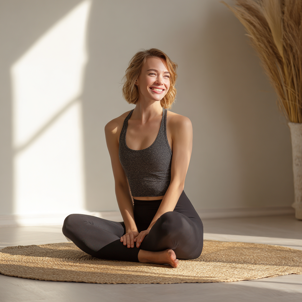 Peaceful middle-aged Ukrainian woman practicing deep breathing in a serene yoga pose