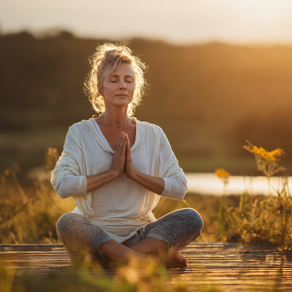 Elderly Ukrainian man in peaceful meditation pose demonstrating mindful listening